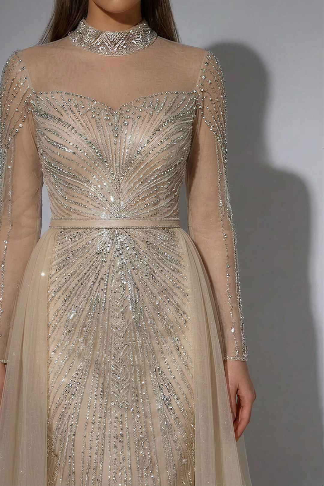 Elegant Champagne Sequin Evening Gown with Tulle - Champagne Dress for Wedding Guest - Pretty Sequin Dress with Long Sleeves Plus Size
