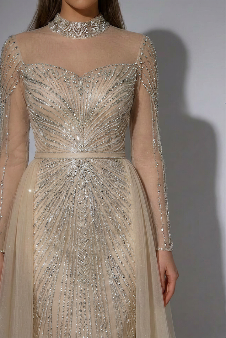 Elegant Champagne Sequin Evening Gown with Tulle - Champagne Dress for Wedding Guest - Pretty Sequin Dress with Long Sleeves Plus Size