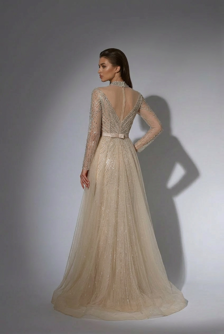 Elegant Champagne Sequin Evening Gown with Tulle - Champagne Dress for Wedding Guest - Pretty Sequin Dress with Long Sleeves Plus Size