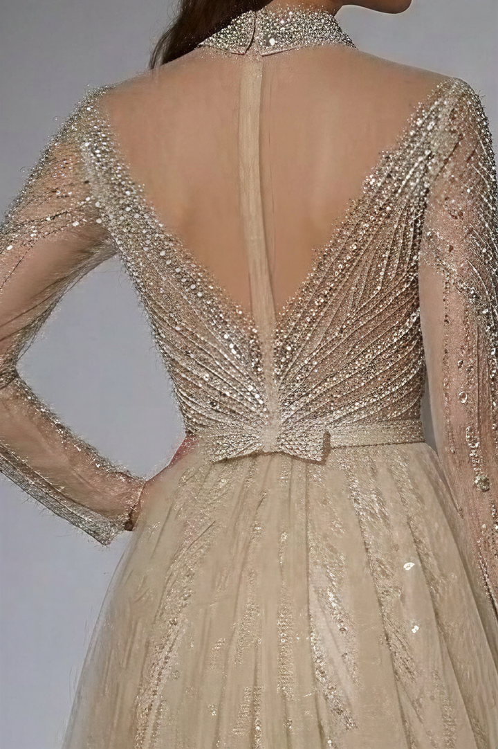 Elegant Champagne Sequin Evening Gown with Tulle - Champagne Dress for Wedding Guest - Pretty Sequin Dress with Long Sleeves Plus Size
