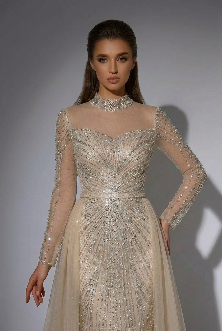 Elegant Champagne Sequin Evening Gown with Tulle - Champagne Dress for Wedding Guest - Pretty Sequin Dress with Long Sleeves Plus Size