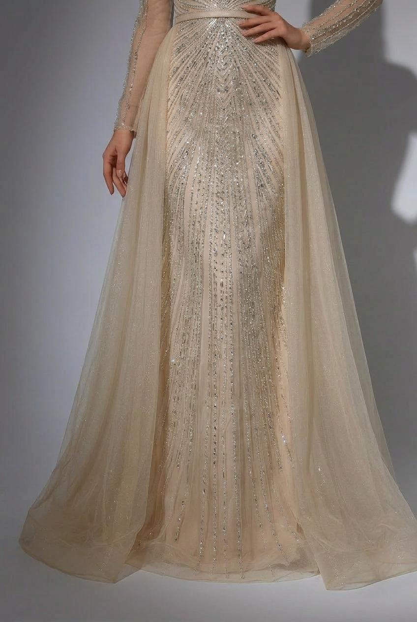 Elegant Champagne Sequin Evening Gown with Tulle