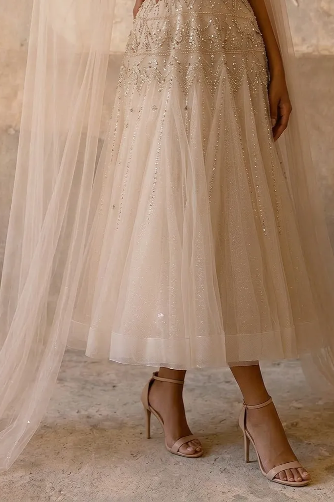 Elegant Champagne Sequin and Beaded Evening Gown with V-Neck - Pretty Tulle Dress with Dramatic Sleeves Plus Size