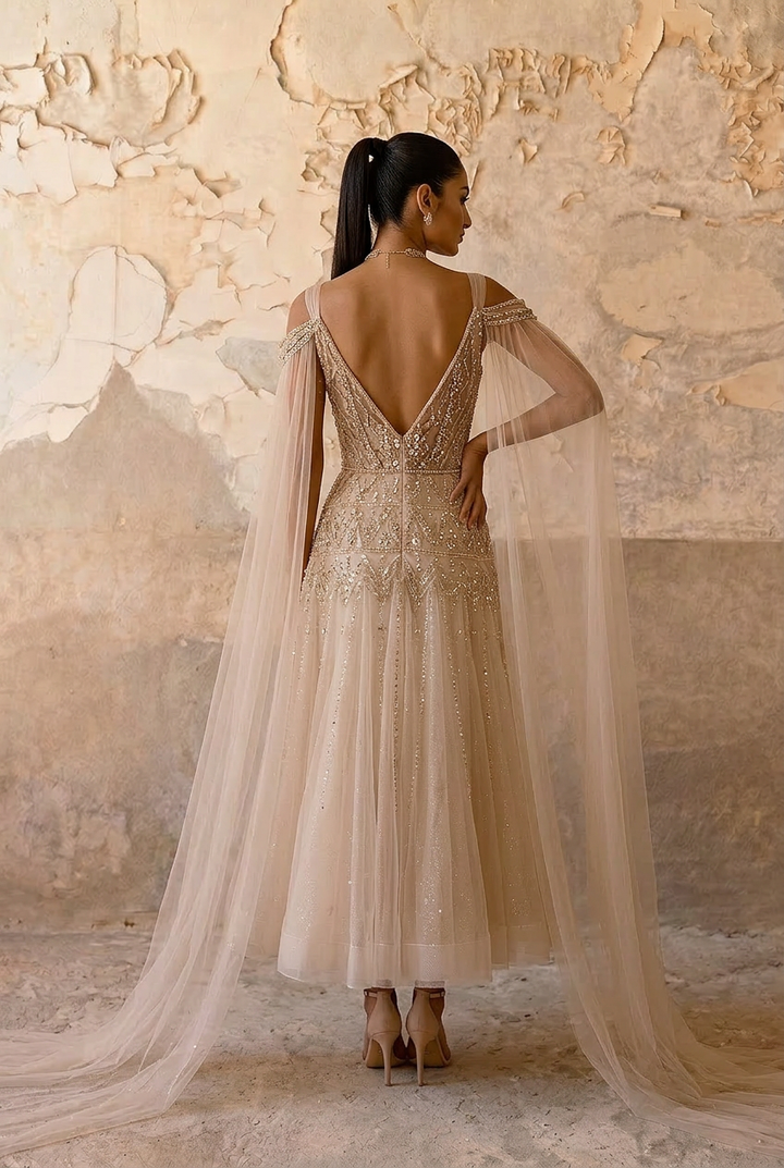 Elegant Champagne Sequin and Beaded Evening Gown with V-Neck - Pretty Tulle Dress with Dramatic Sleeves Plus Size
