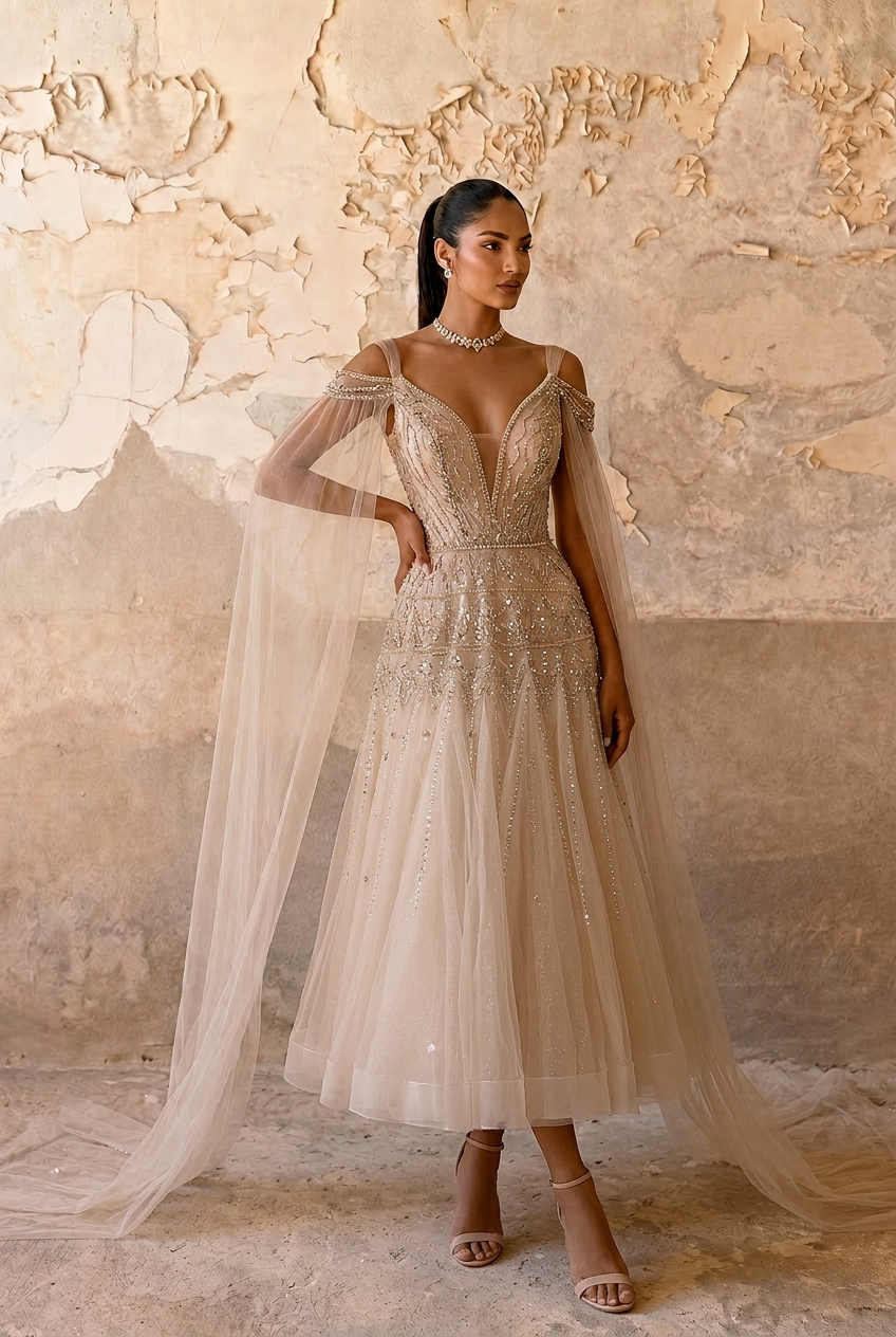 Elegant Champagne Sequin and Beaded Evening Gown with V-Neck - Pretty Tulle Dress with Dramatic Sleeves Plus Size Size 28W / Champagne / No Choker Elegant Champagne Sequin and Beaded Evening Gown with V-Neck - Pretty Tulle Dress with Dramatic Sleeves Plus Size Size 28W / Champagne / No Choker
