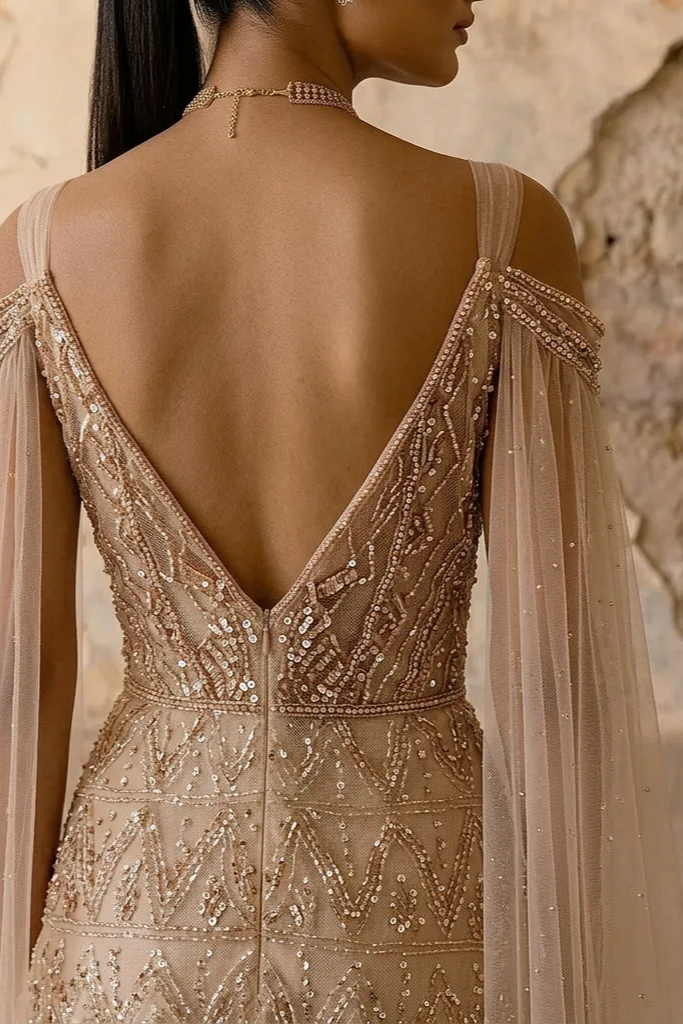 Elegant Champagne Sequin and Beaded Evening Gown with V-Neck - Pretty Tulle Dress with Dramatic Sleeves Plus Size