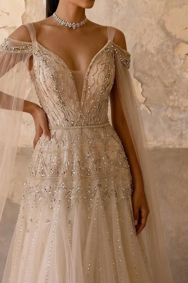 Elegant Champagne Sequin and Beaded Evening Gown with V-Neck - Pretty Tulle Dress with Dramatic Sleeves Plus Size