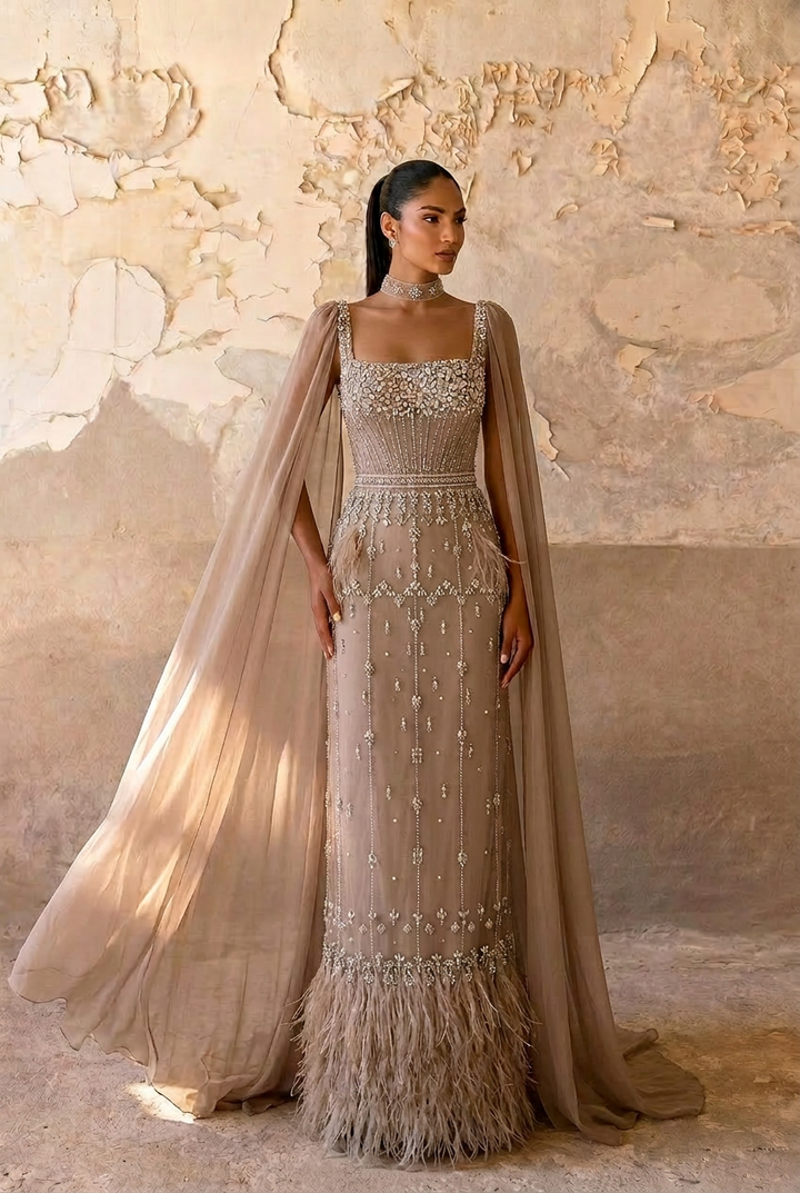 Elegant Champagne Sequin and Feather Dress - Pretty Sequin Dress and Sequin Evening Gown with Dramatic Sleeves Plus Size