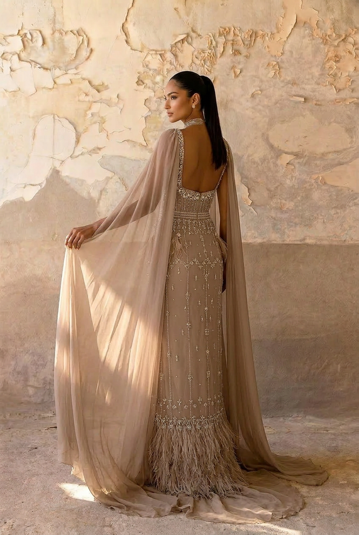 Elegant Champagne Sequin and Feather Dress - Pretty Sequin Dress and Sequin Evening Gown with Dramatic Sleeves Plus Size