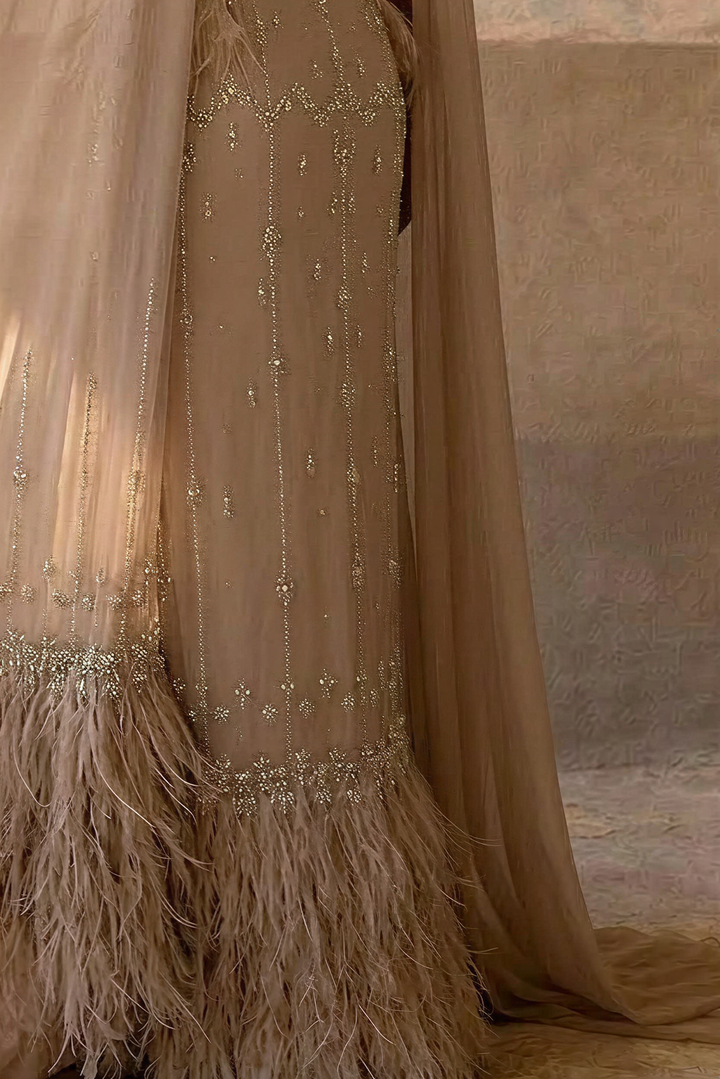 Elegant Champagne Sequin and Feather Dress - Pretty Sequin Dress and Sequin Evening Gown with Dramatic Sleeves Plus Size