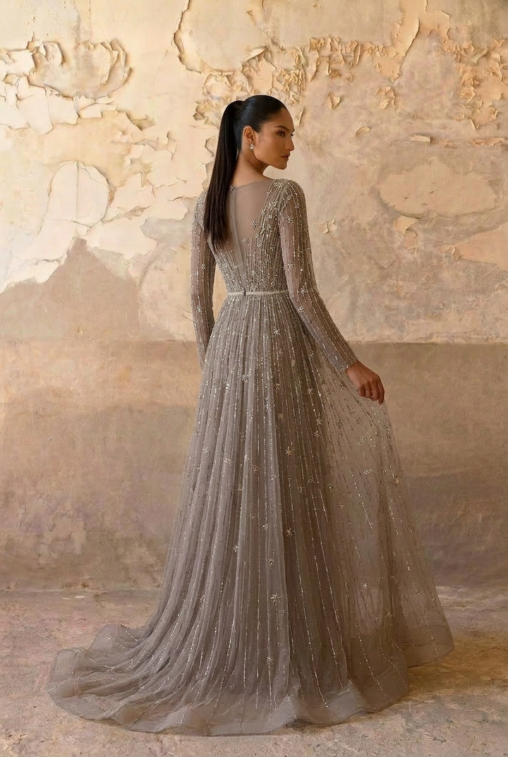 Elegant Champagne Sequin and Tulle Evening Gown - Pretty Glitter Dress with Long Sleeves Plus Size