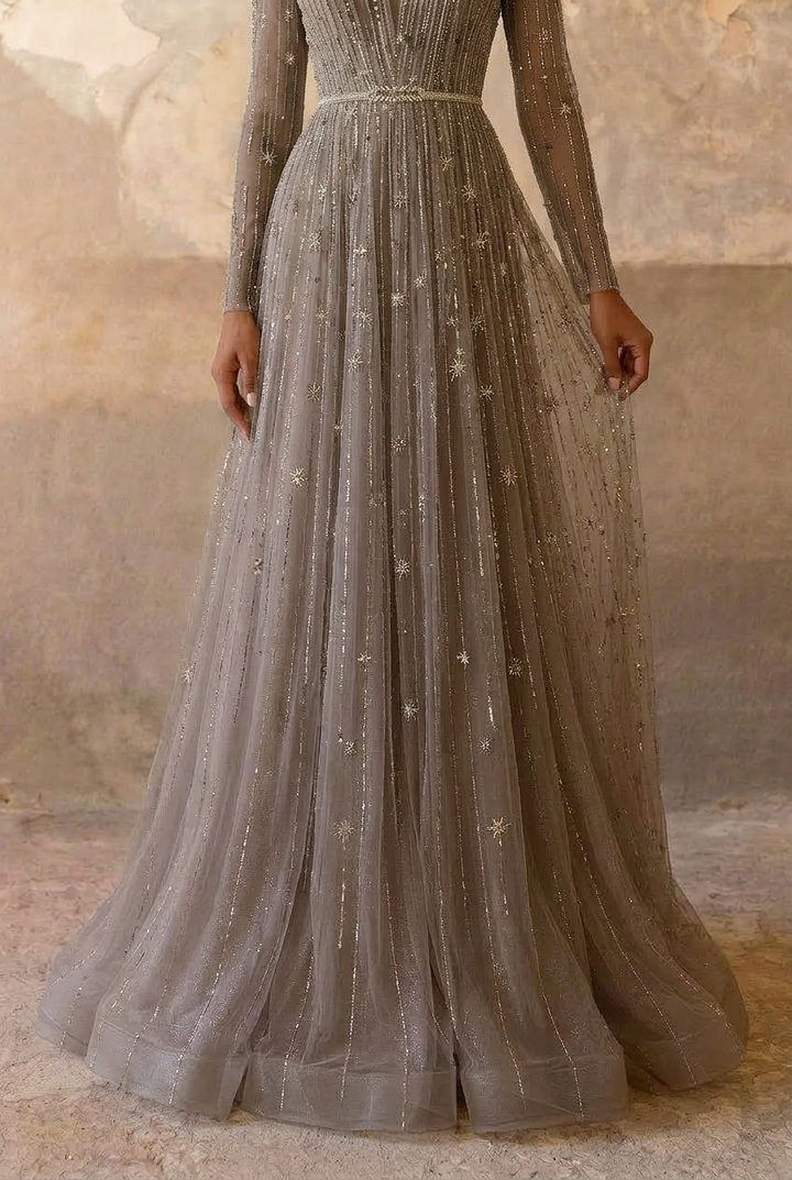 Elegant Champagne Sequin and Tulle Evening Gown - Pretty Glitter Dress with Long Sleeves Plus Size