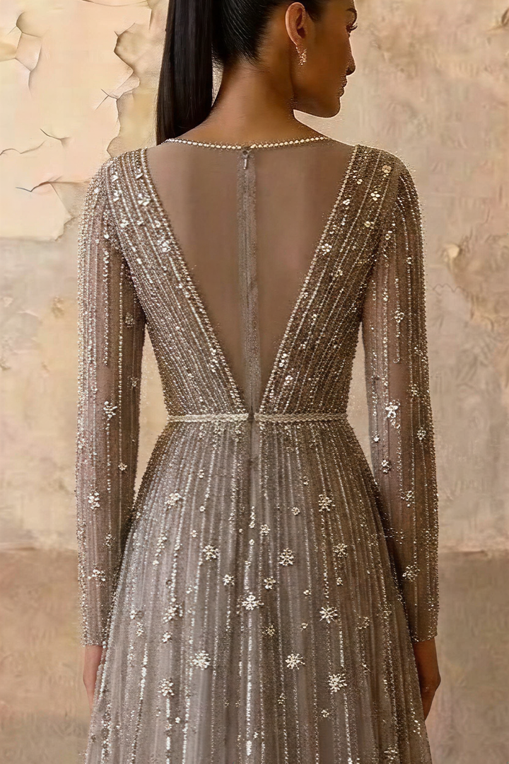 Elegant Champagne Sequin and Tulle Evening Gown - Pretty Glitter Dress with Long Sleeves Plus Size