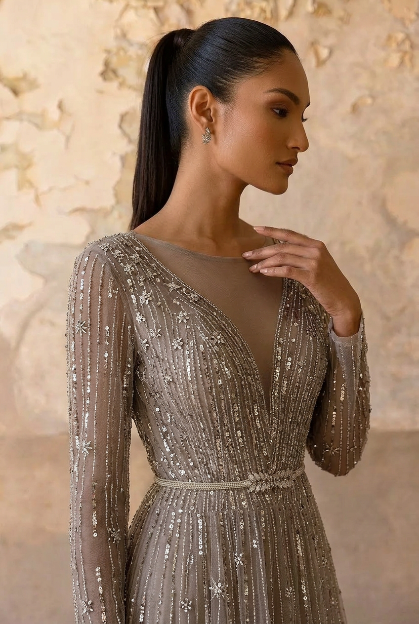 Elegant Champagne Sequin and Tulle Evening Gown - Pretty Glitter Dress with Long Sleeves Plus Size
