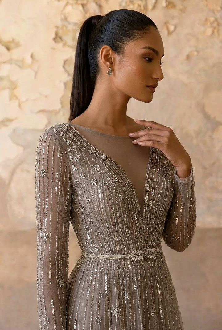 Elegant Champagne Sequin and Tulle Evening Gown - Pretty Glitter Dress with Long Sleeves Plus Size