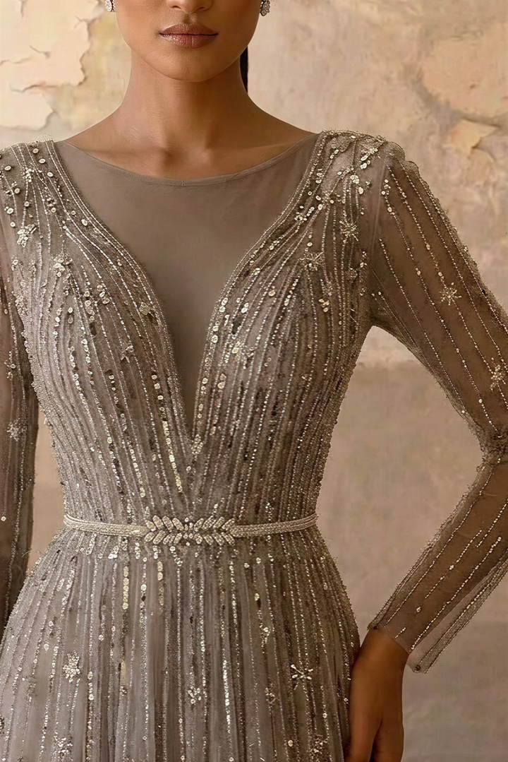 Elegant Champagne Sequin and Tulle Evening Gown - Pretty Glitter Dress with Long Sleeves Plus Size