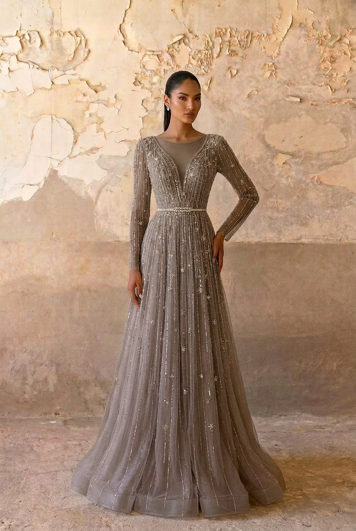 Elegant Champagne Sequin and Tulle Evening Gown - Pretty Glitter Dress with Long Sleeves Plus Size