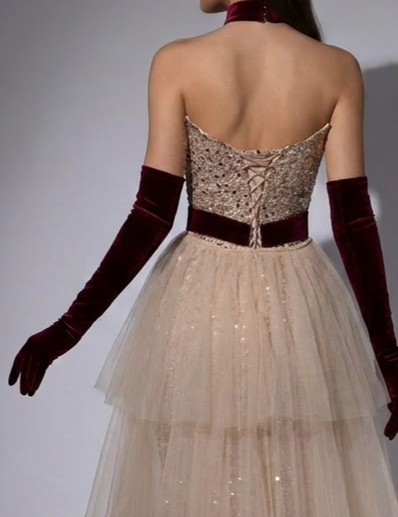 Elegant Champagne Sequined Sheath Gown with Velvet Red Waistband and Tulle Overlay