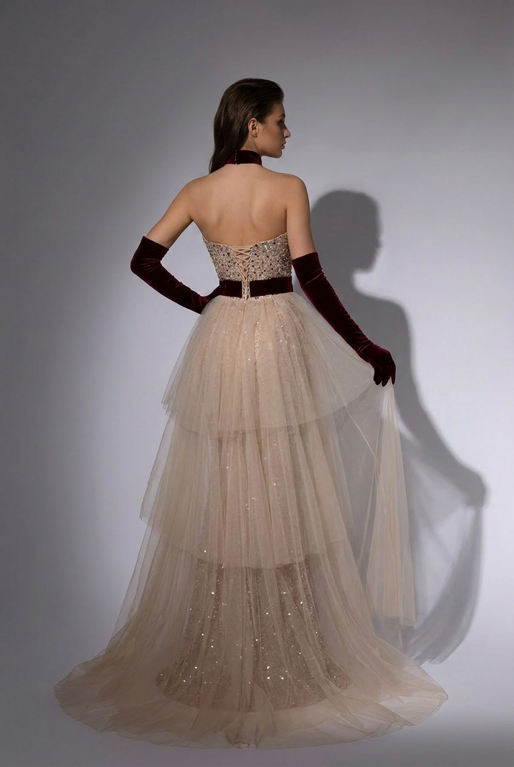 Elegant Champagne Sequined Sheath Gown with Velvet Red Waistband and Tulle Overlay