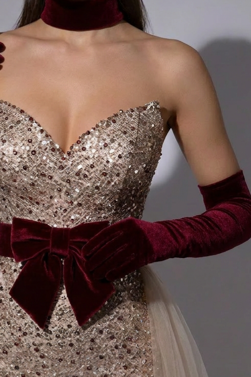 Elegant Champagne Sequined Sheath Gown with Velvet Red Waistband and Tulle Overlay