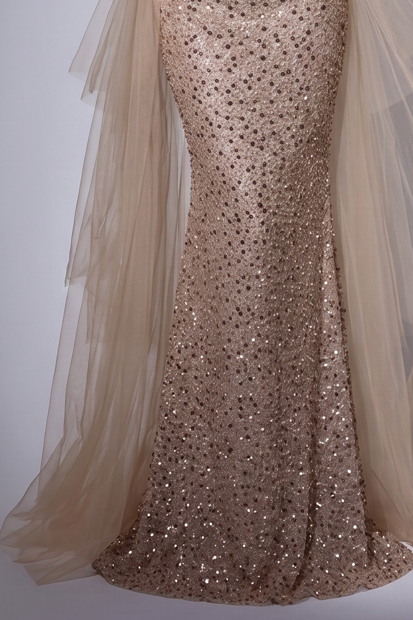 Elegant Champagne Sequined Sheath Gown with Velvet Red Waistband and Tulle Overlay