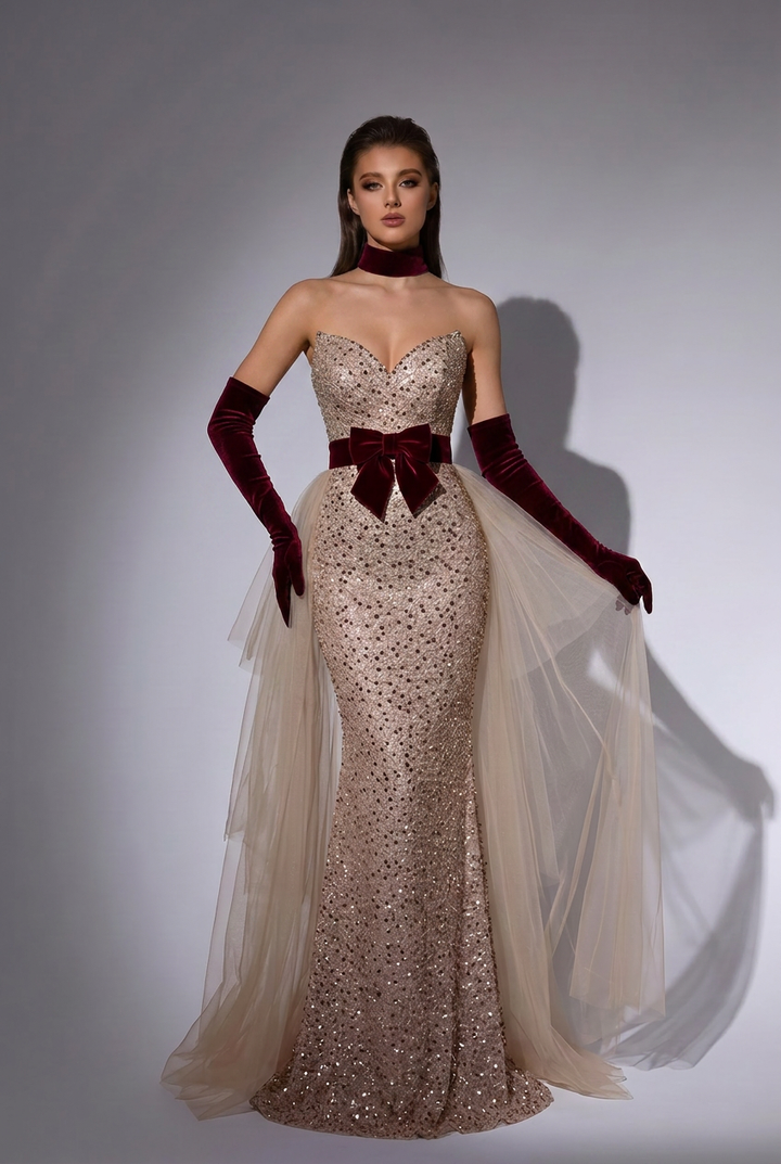 Elegant Champagne Sequined Sheath Gown with Velvet Red Waistband and Tulle Overlay