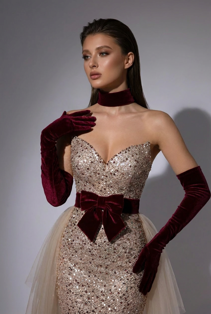 Elegant Champagne Sequined Sheath Gown with Velvet Red Waistband and Tulle Overlay