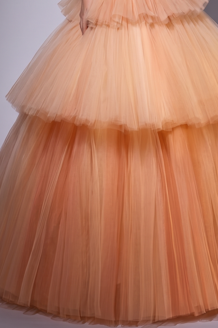 Elegant Champagne and Pink Layered Tulle Ruffle Dress - Strapless Corset Back Evening Dress Plus Size