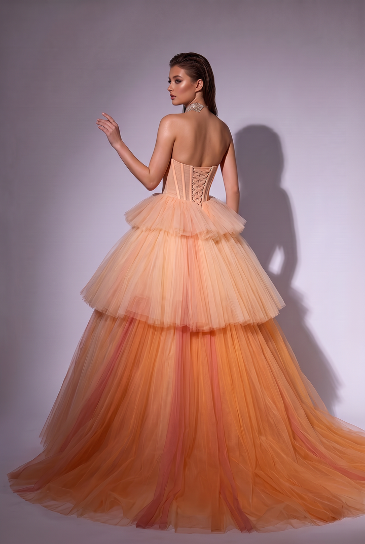 Elegant Champagne and Pink Layered Tulle Ruffle Dress - Strapless Corset Back Evening Dress Plus Size