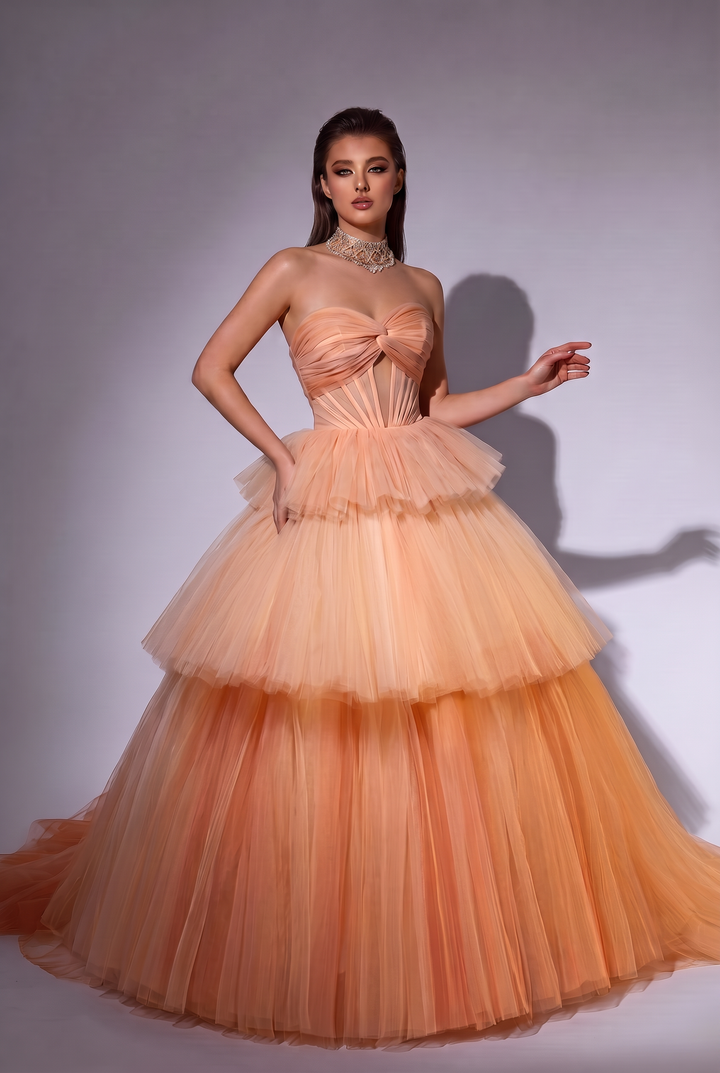 Elegant Champagne and Pink Layered Tulle Ruffle Dress - Strapless Corset Back Evening Dress Plus Size