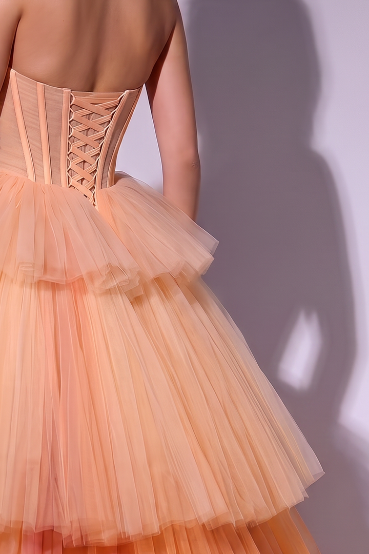 Elegant Champagne and Pink Layered Tulle Ruffle Dress - Strapless Corset Back Evening Dress Plus Size