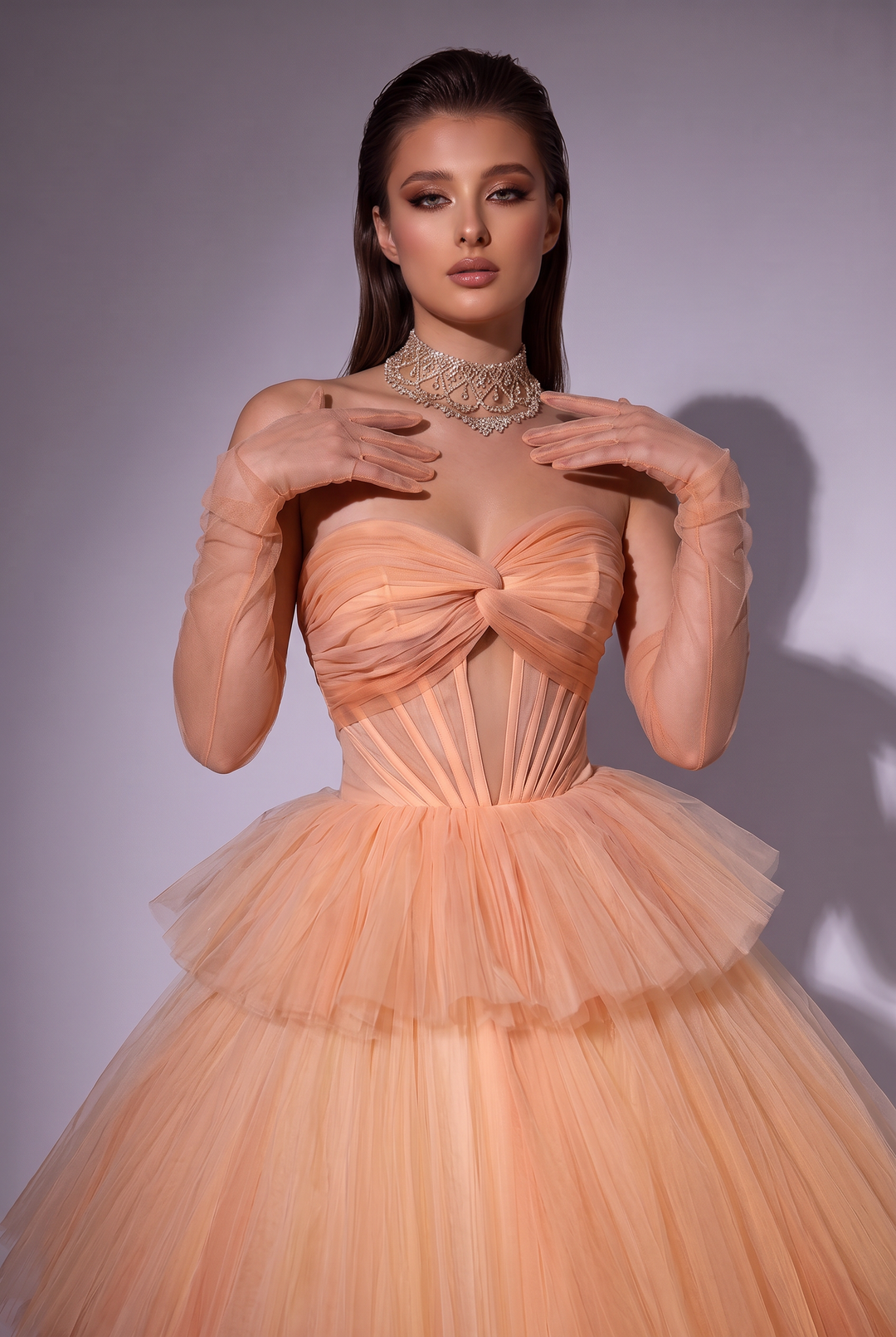 Elegant Champagne and Pink Layered Tulle Ruffle Dress - Strapless Corset Back Evening Dress Plus Size