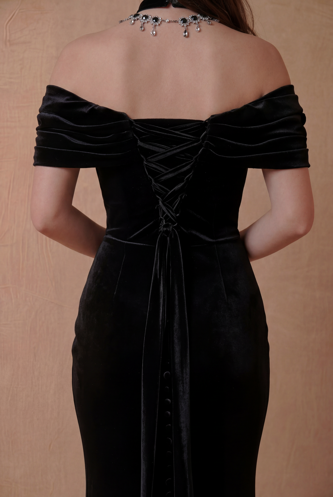 Elegant Gothic Black Velvet Evening Gown - Off-Shoulder Ruched Evening Dress with Corset Plus Size