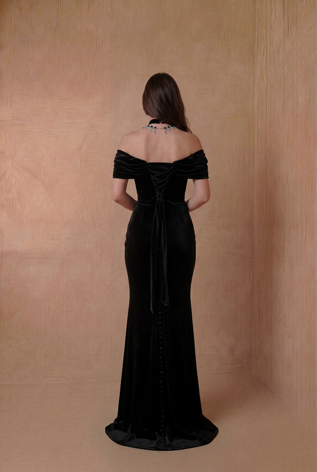 Elegant Gothic Black Velvet Evening Gown - Off-Shoulder Ruched Evening Dress with Corset Plus Size