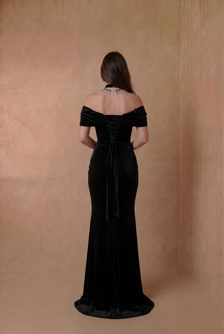 Elegant Gothic Black Velvet Evening Gown - Off-Shoulder Ruched Evening Dress with Corset Plus Size