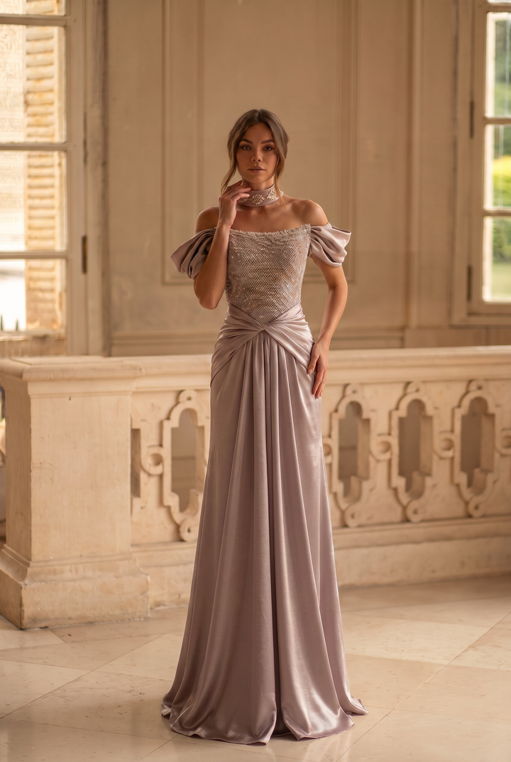 Elegant Gray-Brown Satin Off-Shoulder Evening Gown with Puff Sleeves & Corset Bodice – Luxe Formal Ball Gown Plus Size
