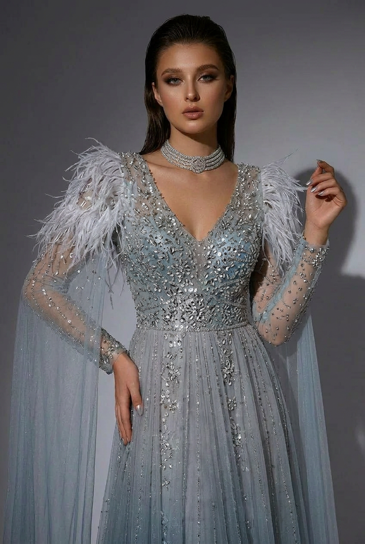 Elegant Grey Sequin and Feather Dress - Convertible Pretty Sequin Dress with Flowing Cape Sleeves Plus Size