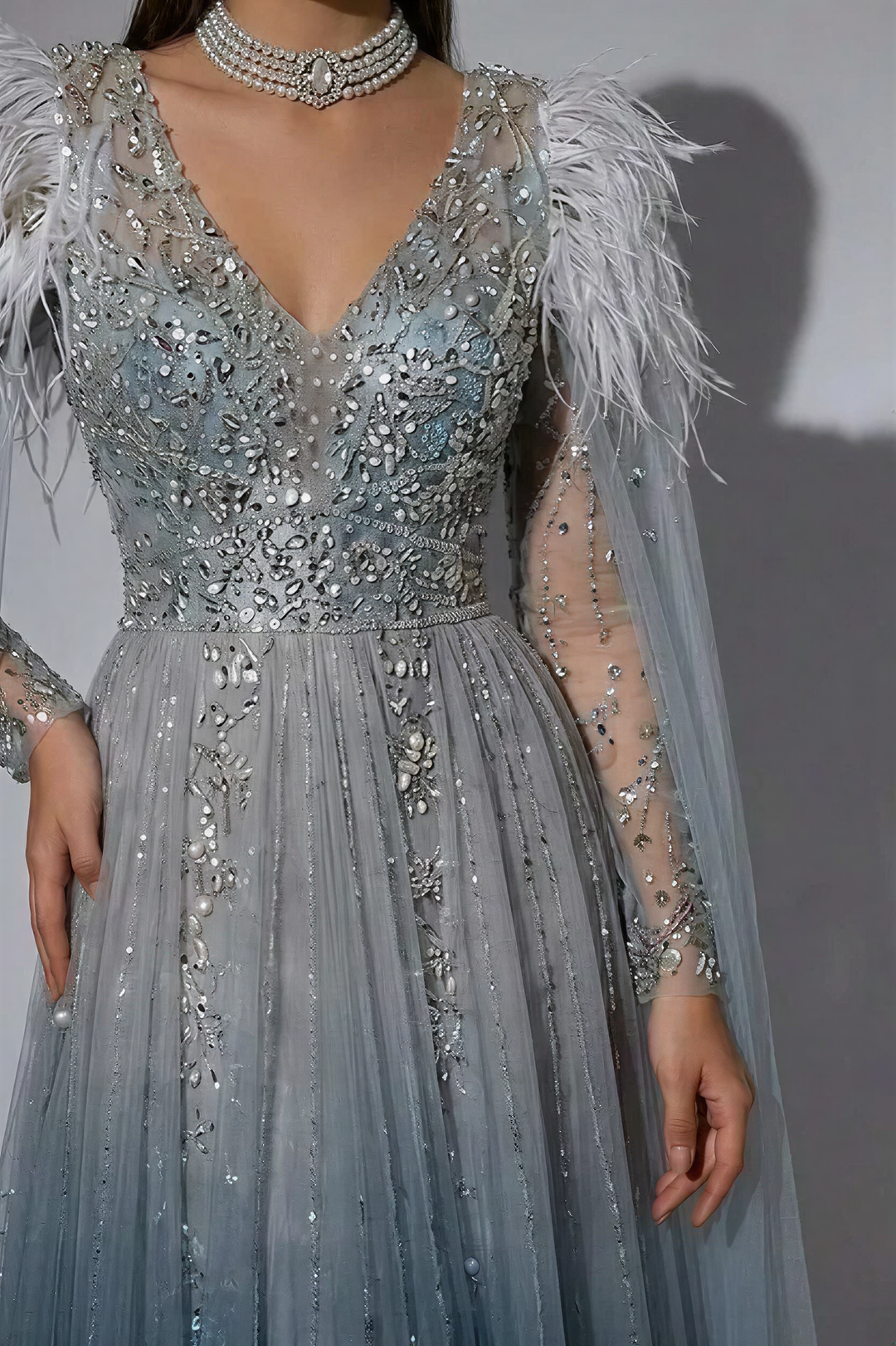 Elegant Grey Sequin and Feather Dress - Convertible Pretty Sequin Dress with Flowing Cape Sleeves Plus Size