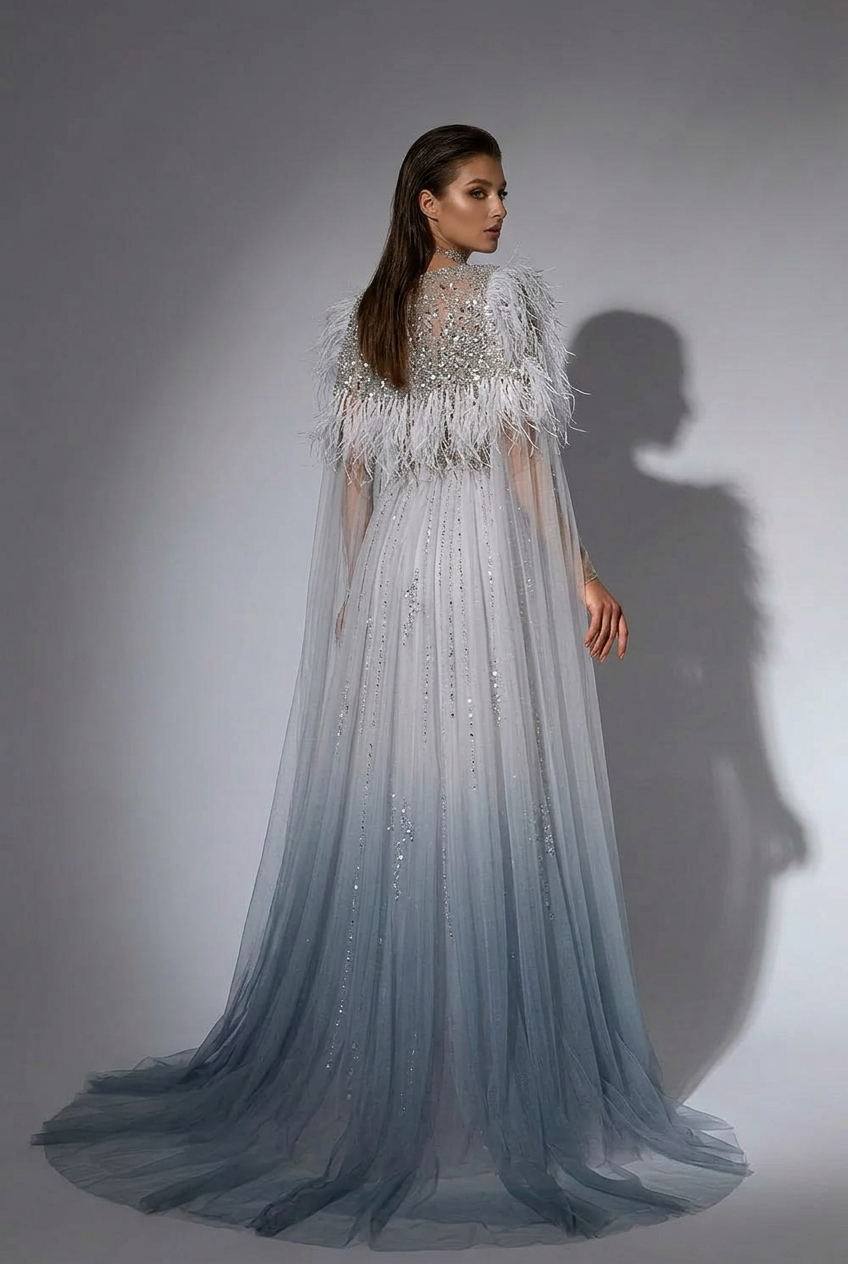 Elegant Grey Sequin and Feather Dress - Convertible Pretty Sequin Dress with Flowing Cape Sleeves Plus Size