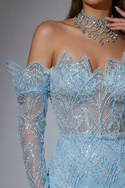 Elegant Light Blue Off-Shoulder Sequin Evening Dress - Blue Pretty Sequin Dress and Beaded Embellished Evening Gown Plus Size