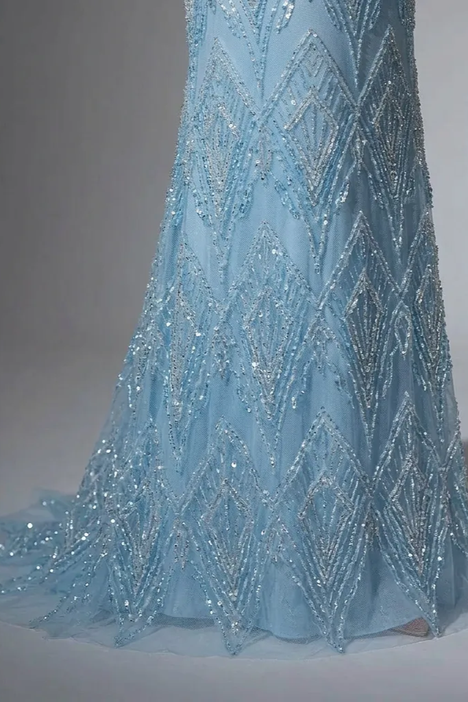 Elegant Light Blue Off-Shoulder Sequin Evening Dress - Blue Pretty Sequin Dress and Beaded Embellished Evening Gown Plus Size