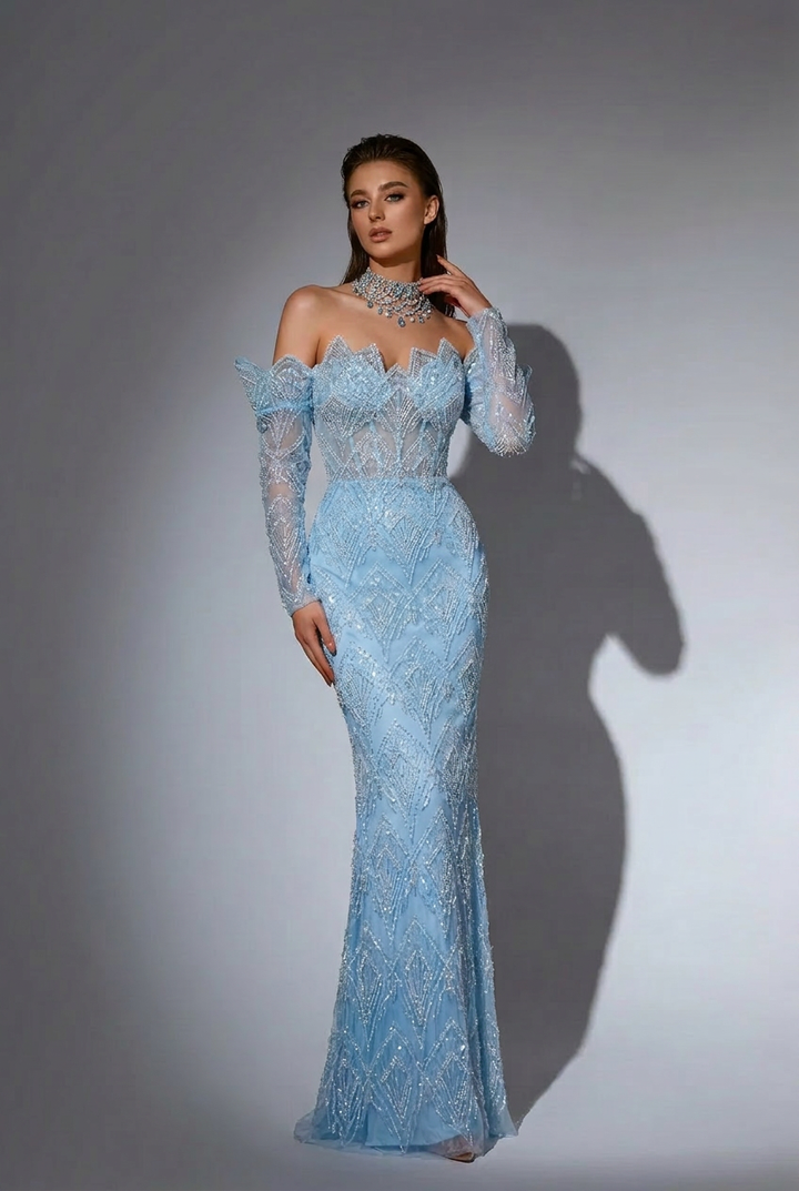 Elegant Light Blue Off-Shoulder Sequin Evening Dress - Blue Pretty Sequin Dress and Beaded Embellished Evening Gown Plus Size