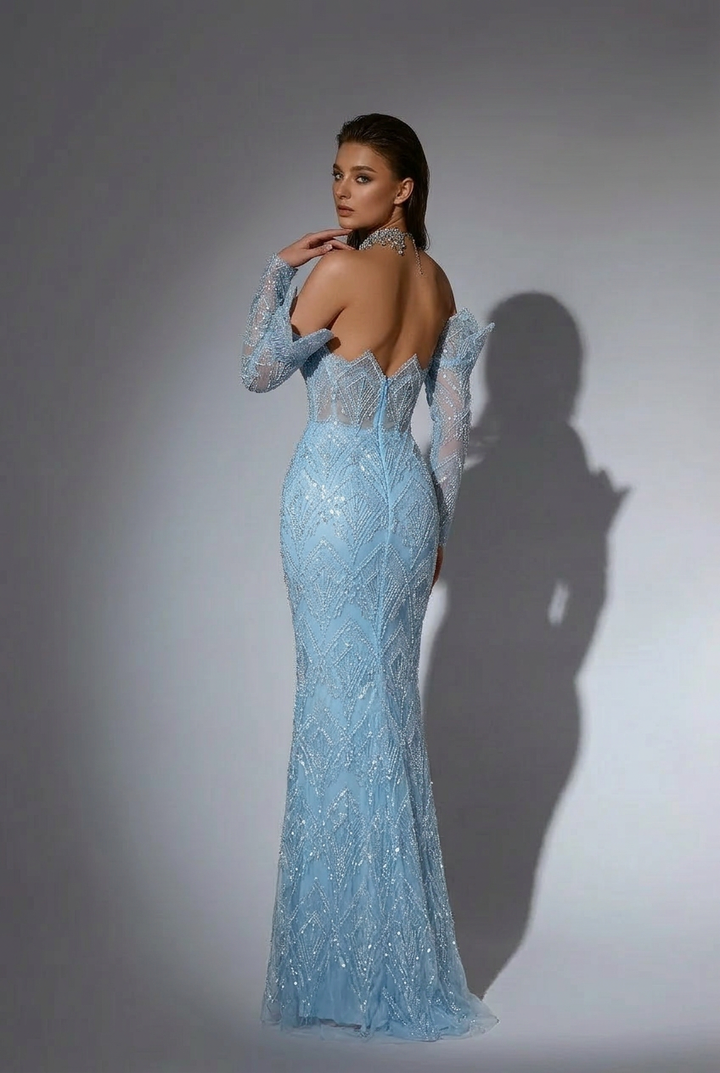 Elegant Light Blue Off-Shoulder Sequin Evening Dress - Blue Pretty Sequin Dress and Beaded Embellished Evening Gown Plus Size