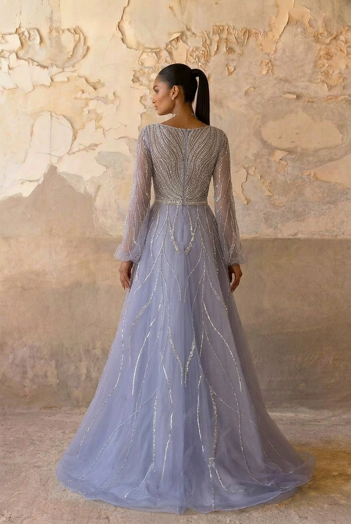 Elegant Light Blue Sequin Evening Gown with Tulle - Pretty Sequin Dress with Long Sleeves Plus Size