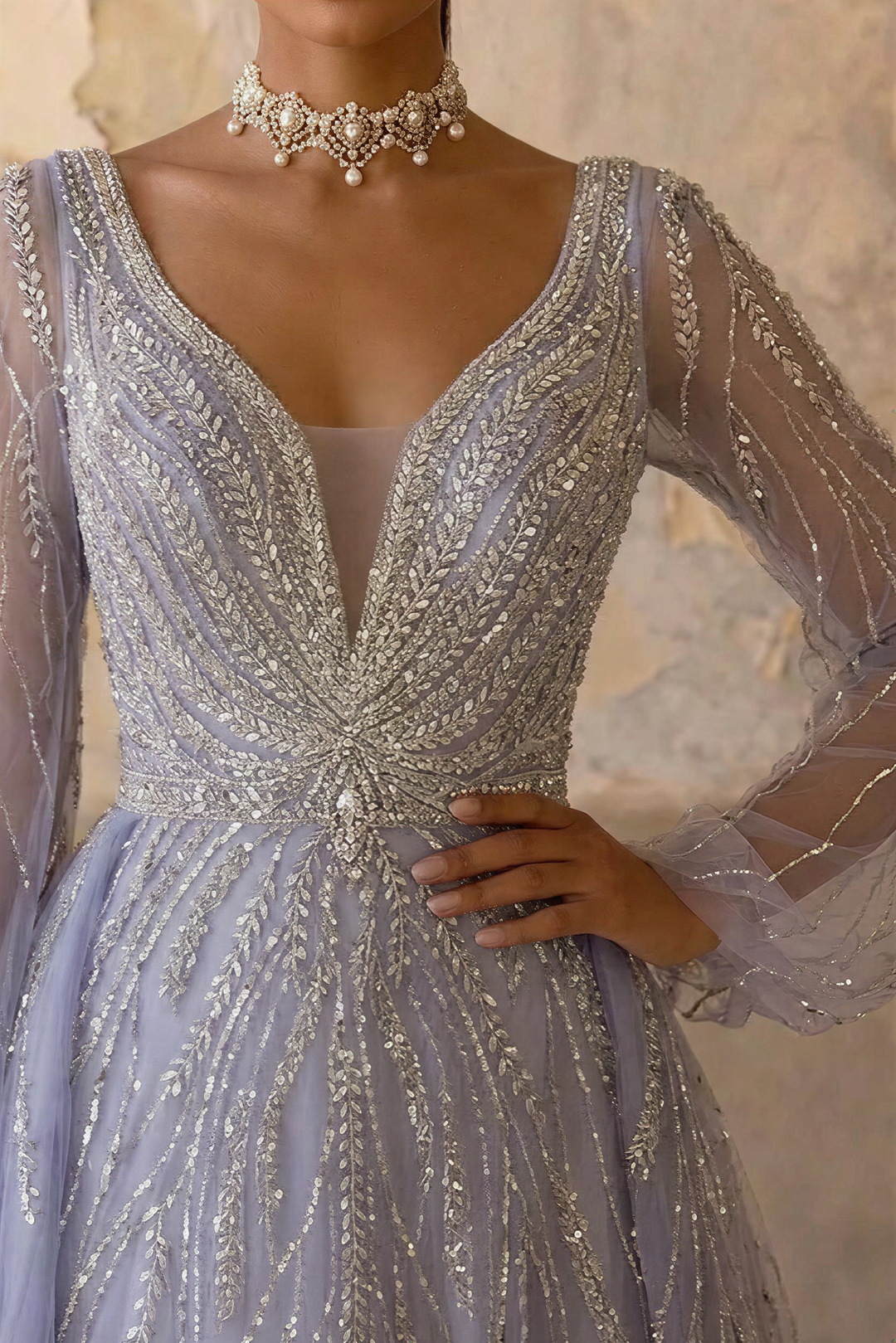 Elegant Light Blue Sequin Evening Gown with Tulle - Pretty Sequin Dress with Long Sleeves Plus Size