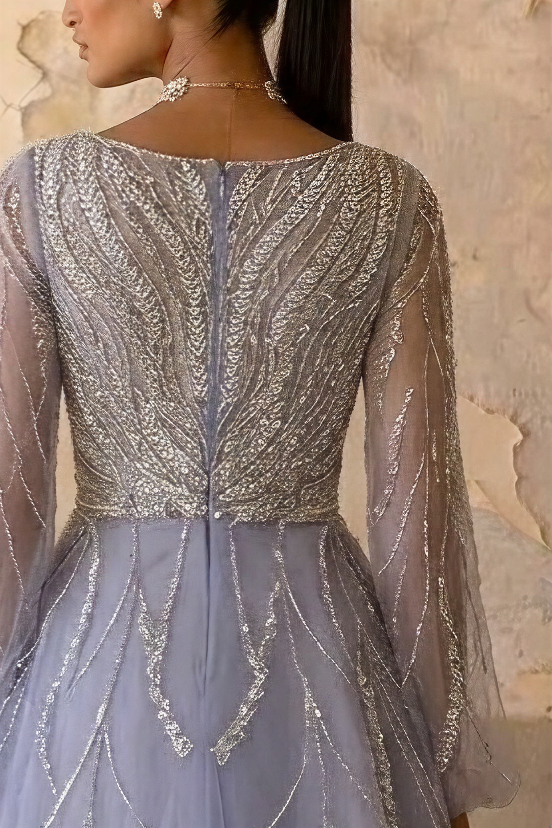 Elegant Light Blue Sequin Evening Gown with Tulle - Pretty Sequin Dress with Long Sleeves Plus Size