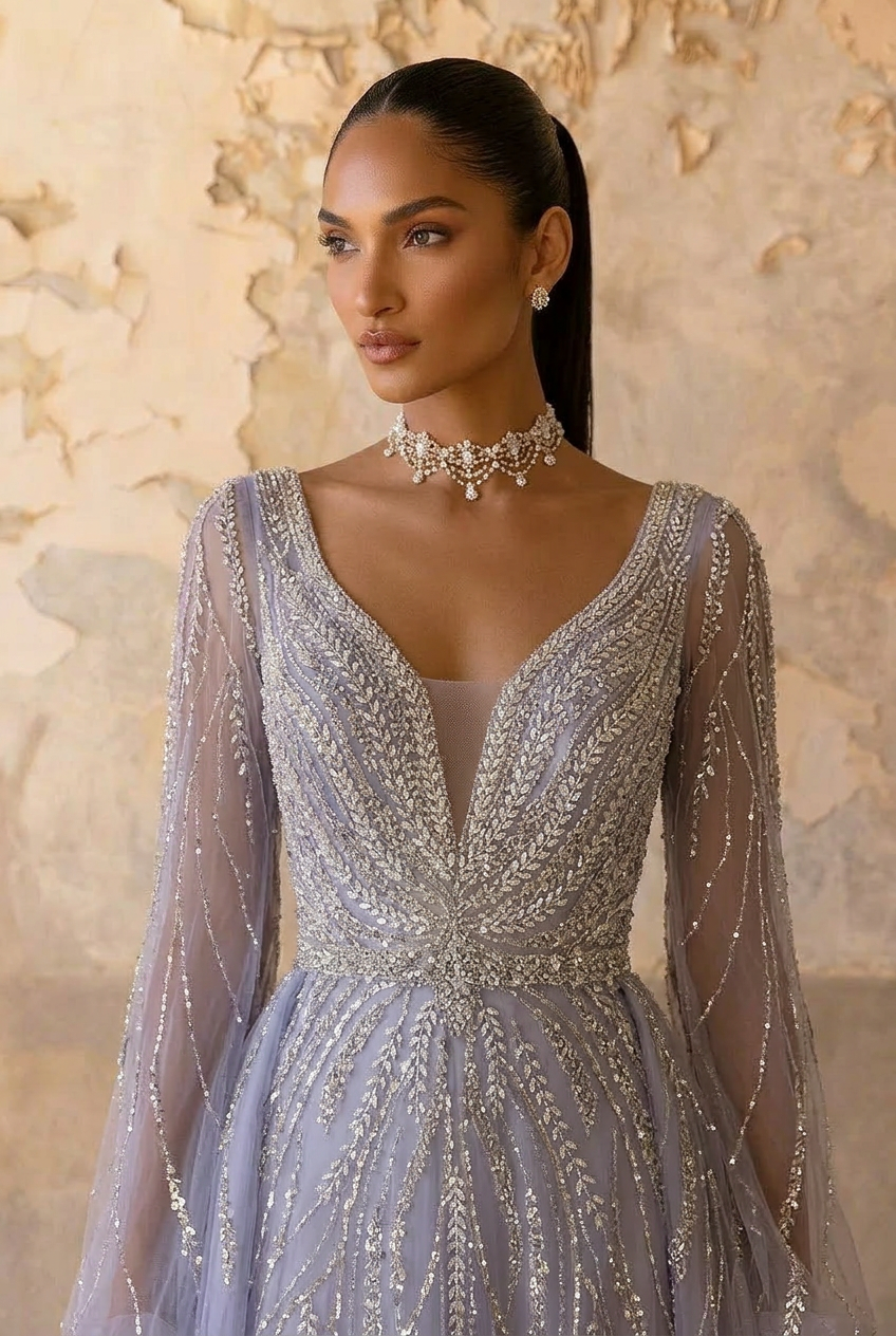 Elegant Light Blue Sequin Evening Gown with Tulle - Pretty Sequin Dress with Long Sleeves Plus Size