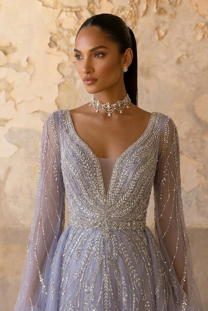 Elegant Light Blue Sequin Evening Gown with Tulle - Pretty Sequin Dress with Long Sleeves Plus Size