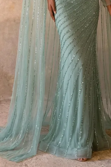 Elegant Mint Green Sequin Evening Gown and Pretty Sequin Dress - Embellished High Neck Dress with Flowing Sleeves Plus Size