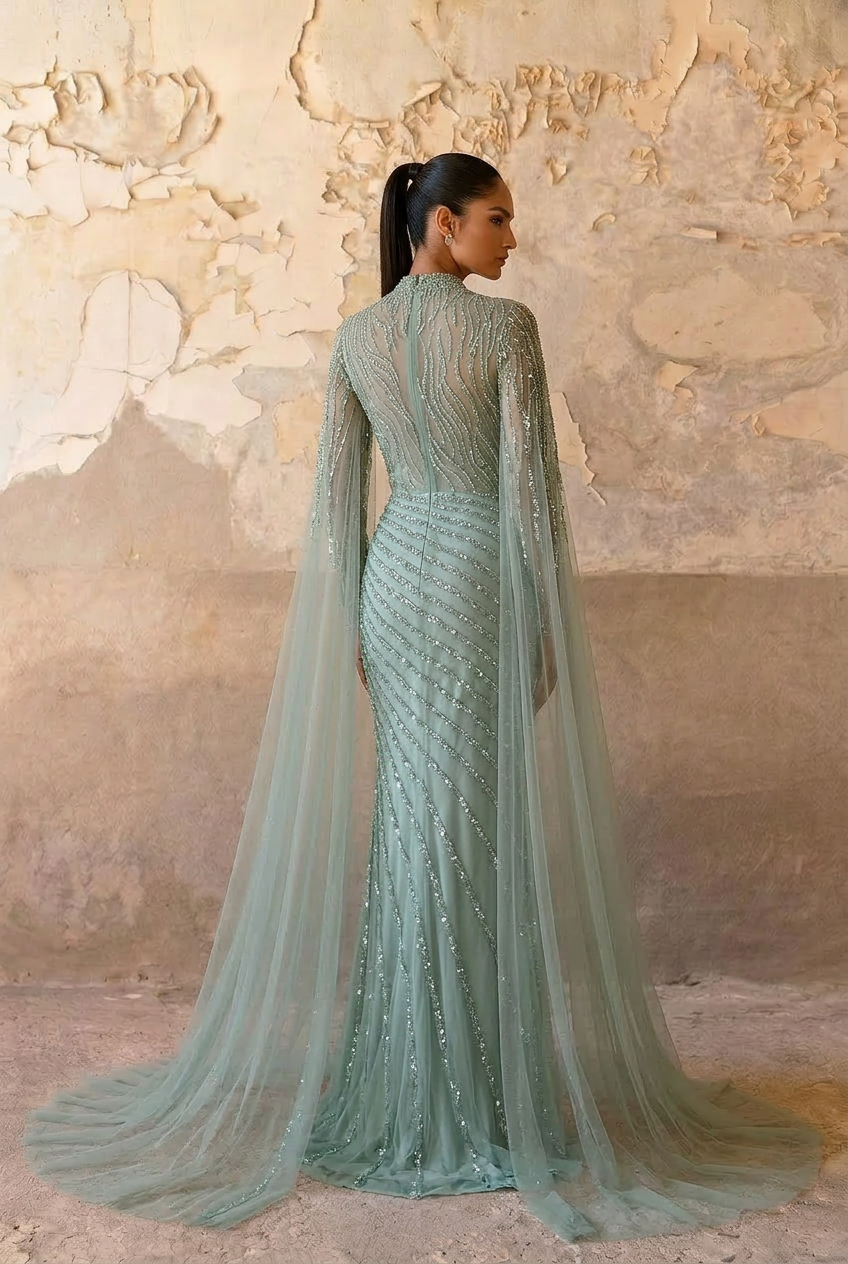 Elegant Mint Green Sequin Evening Gown and Pretty Sequin Dress - Embellished High Neck Dress with Flowing Sleeves Plus Size